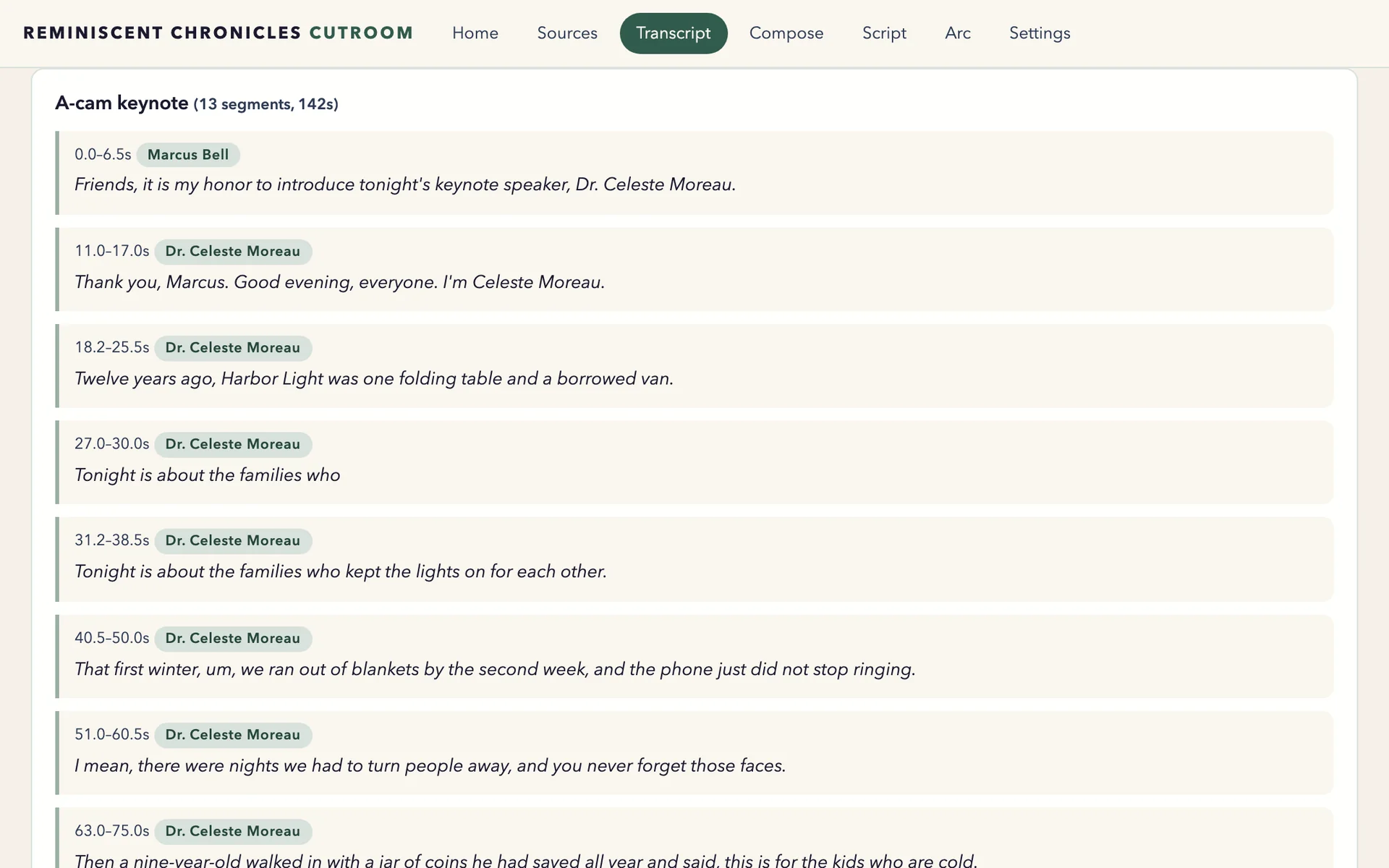 The Cutroom transcript of a demo gala keynote, split into timed segments with speaker names.