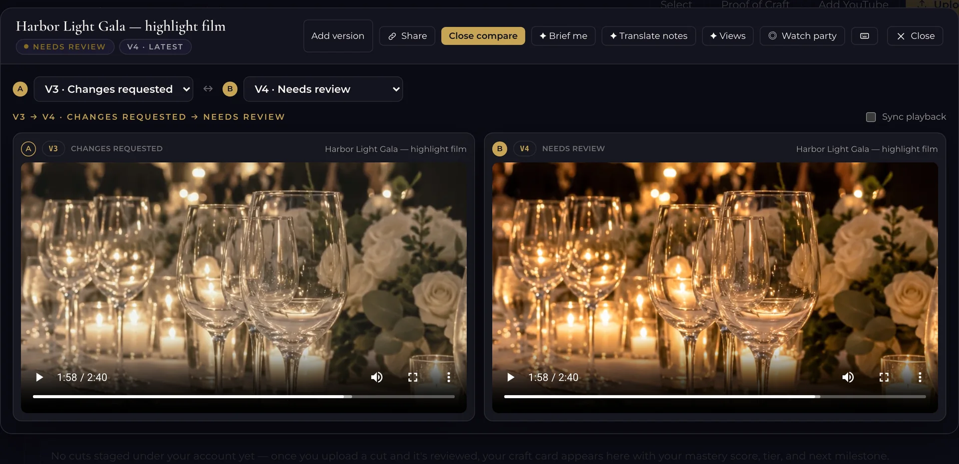 Post-Production comparing two versions of a demo gala highlight film side by side: an ungraded v3 and a warmer v4.