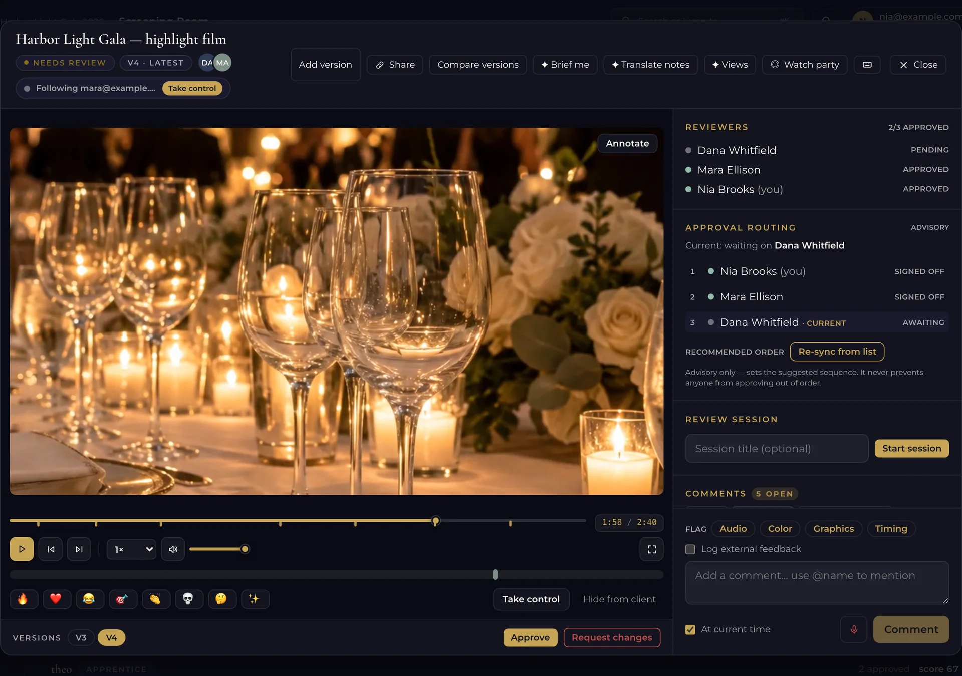 A live watch-together screening of a demo film in Post-Production, with the viewer following the host in sync.