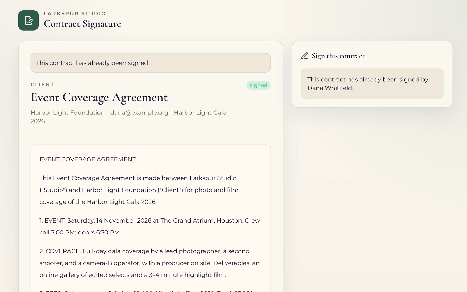 A demo event coverage agreement as the client sees it, marked as signed.