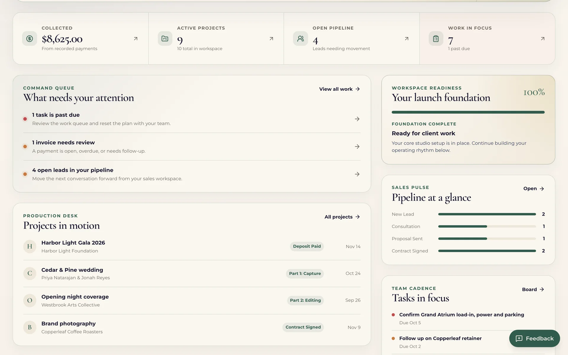 Studio dashboard showing demo projects in motion with their stages and dates, the pipeline at a glance and tasks in focus.