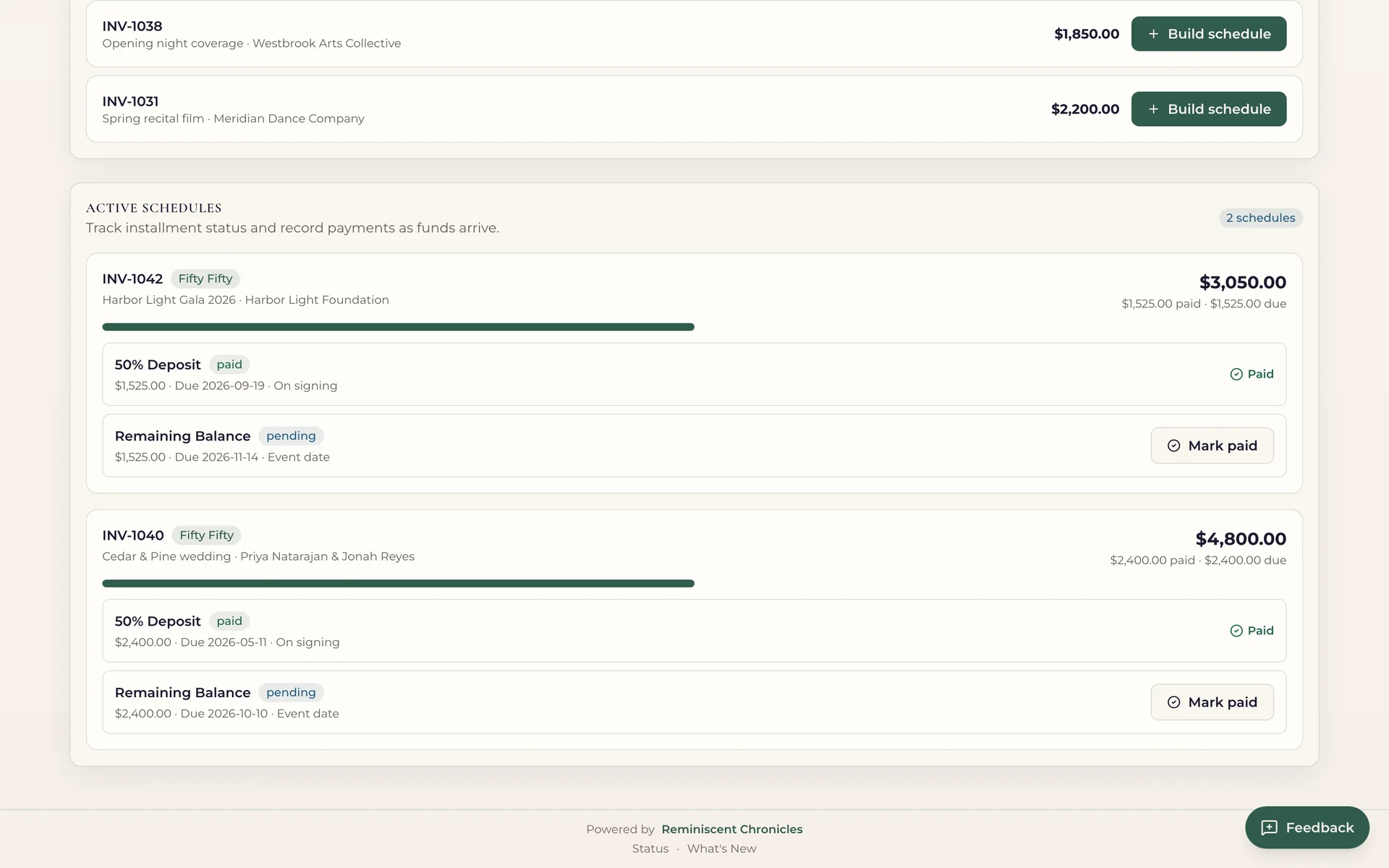 Studio payment schedules for demo invoices: a 50% deposit marked paid and the remaining balance due on the event date.